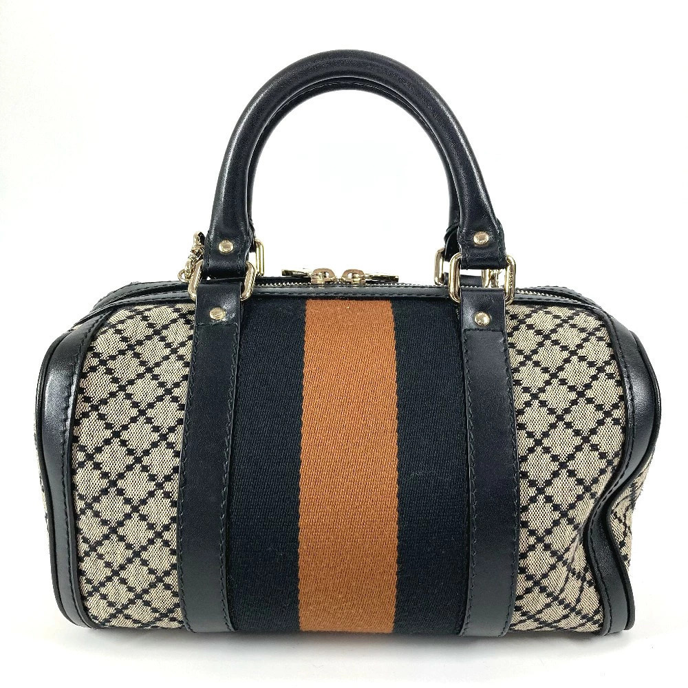 Gucci Leather Boston Navy Handbag Sherry Striped Shoulder Logo Blue Bag Canvas